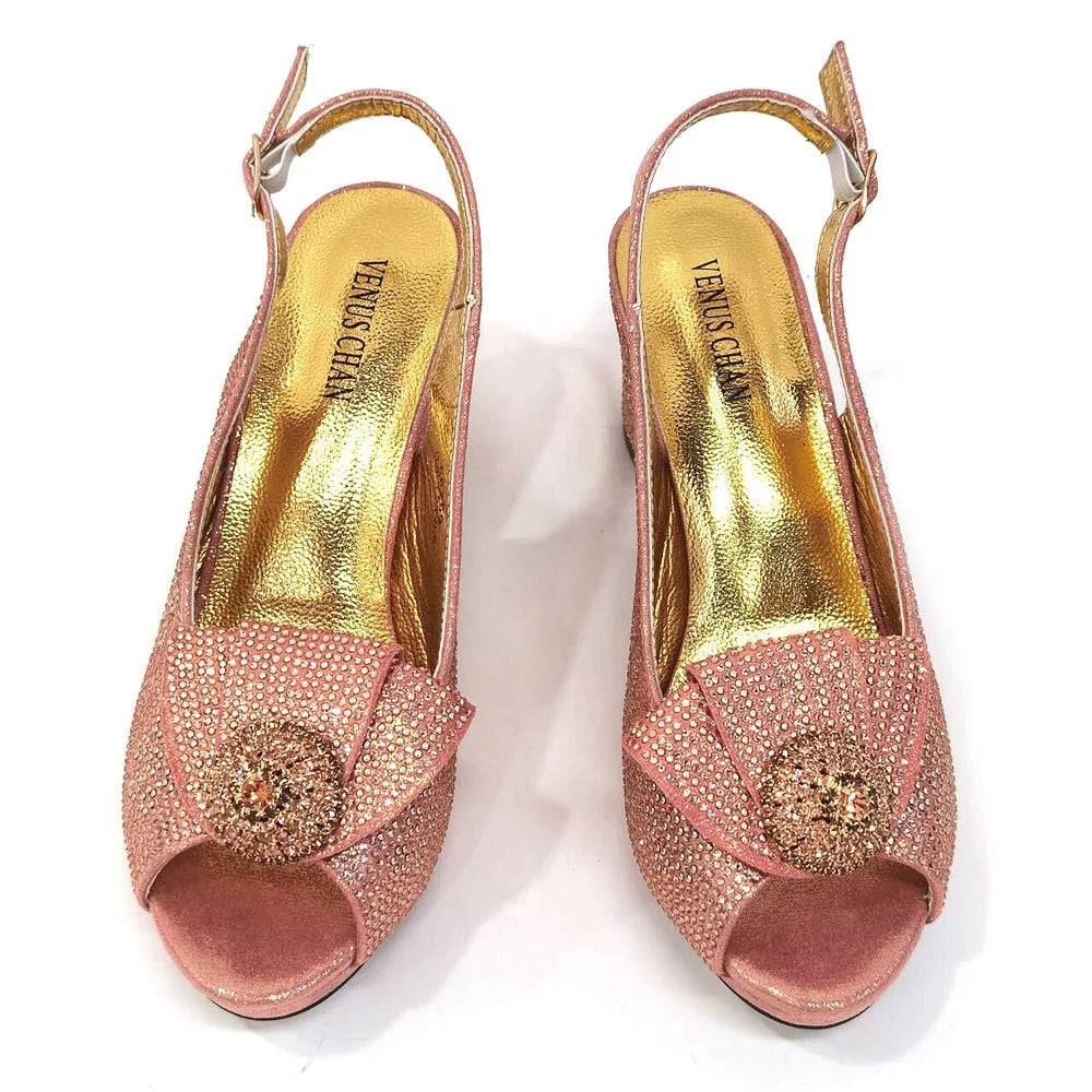 Venus Chan 2024 Italian Design Girly Style Golden Color Wedding Shoes And Bag Full Diamond Decoration Metal Closure Bags