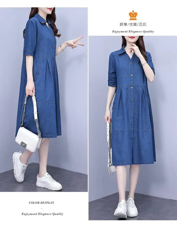 Oversized 5XL Single Breasted Denim Dress For women 2024 Summer New Short sleeved Shirt Denim Dresses Female Casual Clothes
