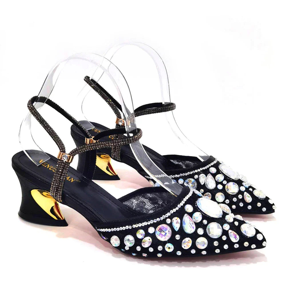 Venus Chan Pointed Toe Heels for Women Party Green Color Full Diamond Lace Matching Design Italian Shoe and Bag Set Designer