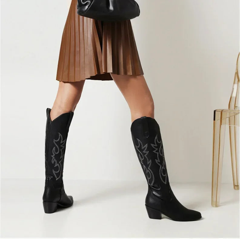 Pointed Toe Knight Boots for Women Brown PU Leather Knee High Boots Woman Autumn Winter Western Cowboy Long Botas Mujer 2024