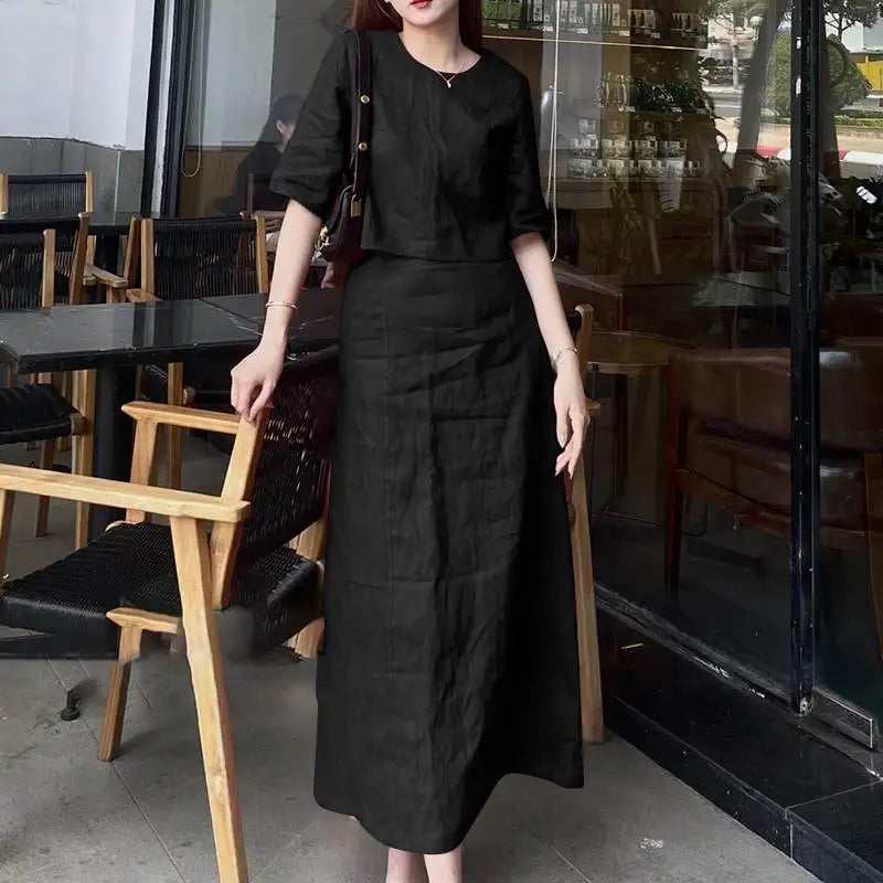 ZANZEA Women Solid 2PCS Dress Sets Casual Short Sleeve Crop Tops Suit Fashion Long Skirts Outfits Holiday Simple Matching Sets