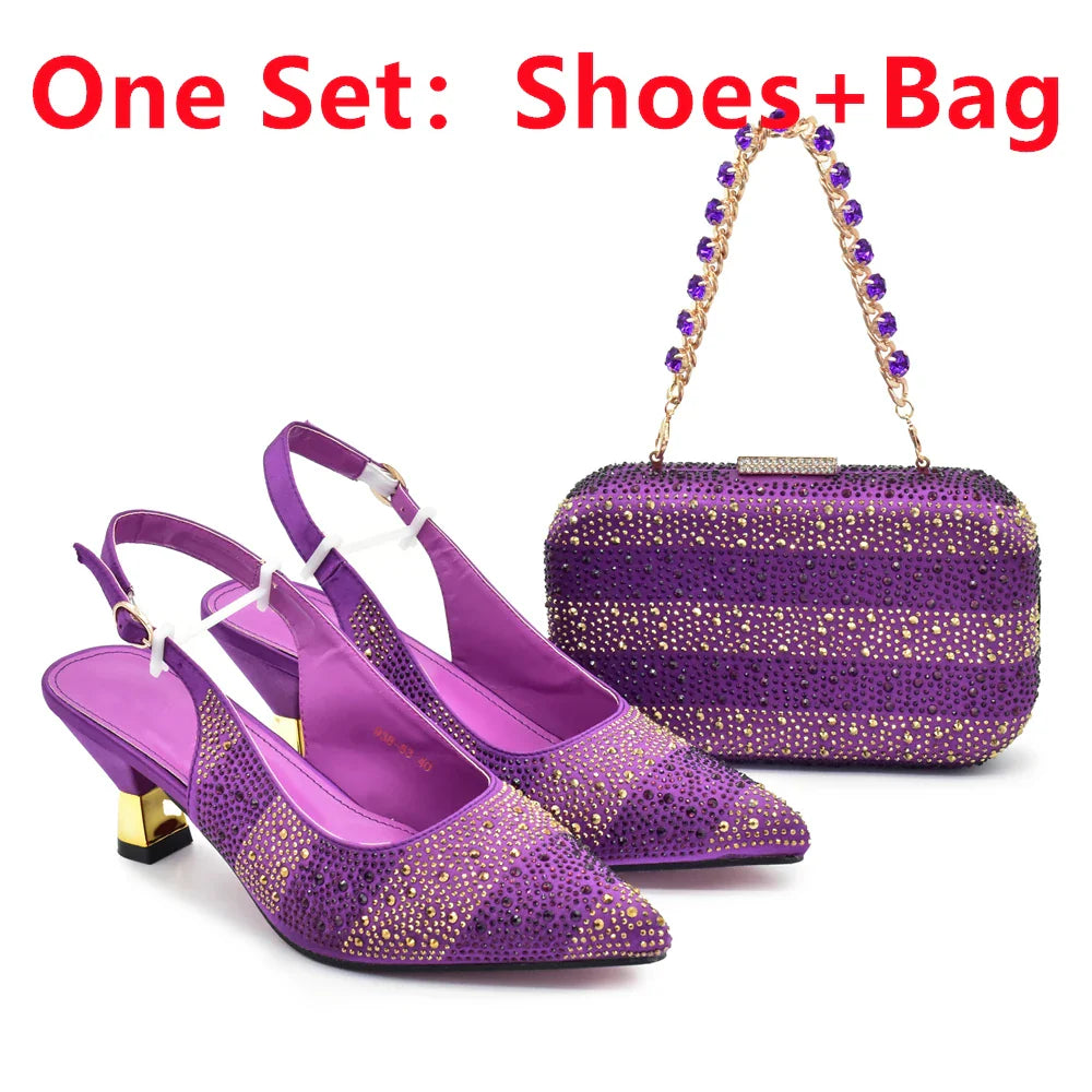 RUTIALNT Silver & Gold Crystal Shoe and Bag Set for Women