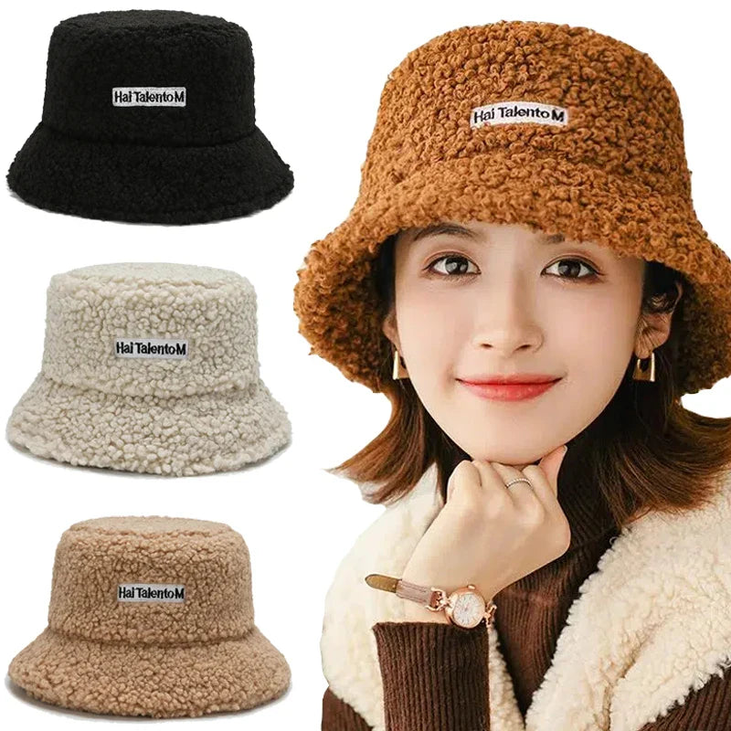 Women Girls Faux Fur Bucket Hat Plush Warm Fisherman Hat Outdoor Windproof Panama Bowl Hats Autumn Street Cold -proof Cap Hats