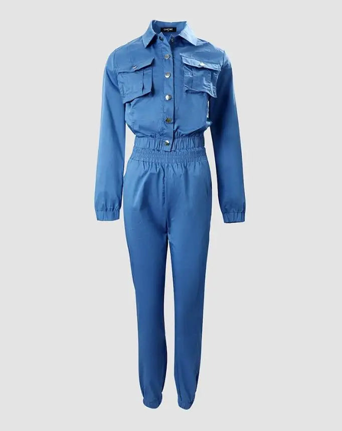 Two-Piece Set for Women 2024 Spring Tracksuit Denim Style Long Sleeve Pocket Button Design Shirt & Elastic High Waist Pants Set