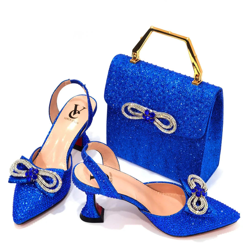 The Latest Style Rhinestone Bow Side Empty Party High Heels Pointed Toe Stiletto Heels Silver Women's Shoes And Bags
