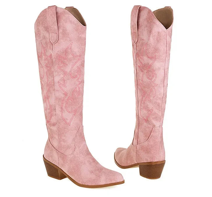 Pointed Toe Knight Boots for Women Brown PU Leather Knee High Boots Woman Autumn Winter Western Cowboy Long Botas Mujer 2024