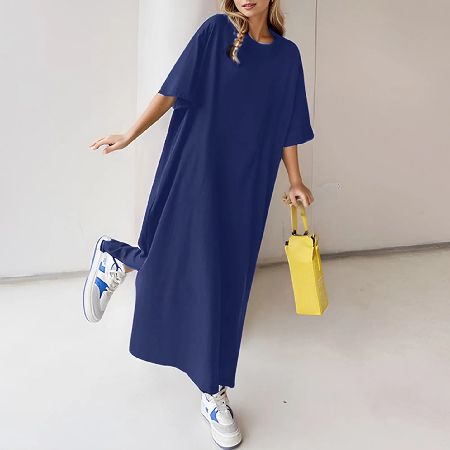 Summer Solid Color T Shirt Dress Casual Short Sleeved Loose Dresses Round Neck Slit Maxi Dress For Women Elegant Vestidos 2024