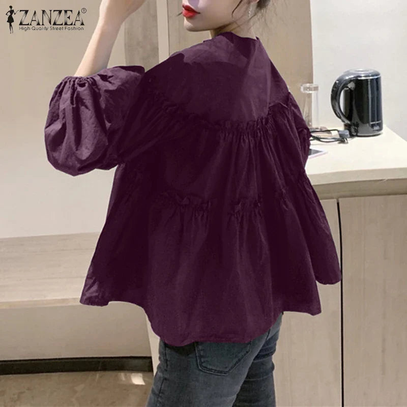 ZANZEA Fashion Women Long Puff Sleeve Blouse Autumn Spring Eelgant Shirt Ruffles Blusas Femininas Mujer Party Work Tops Tunic