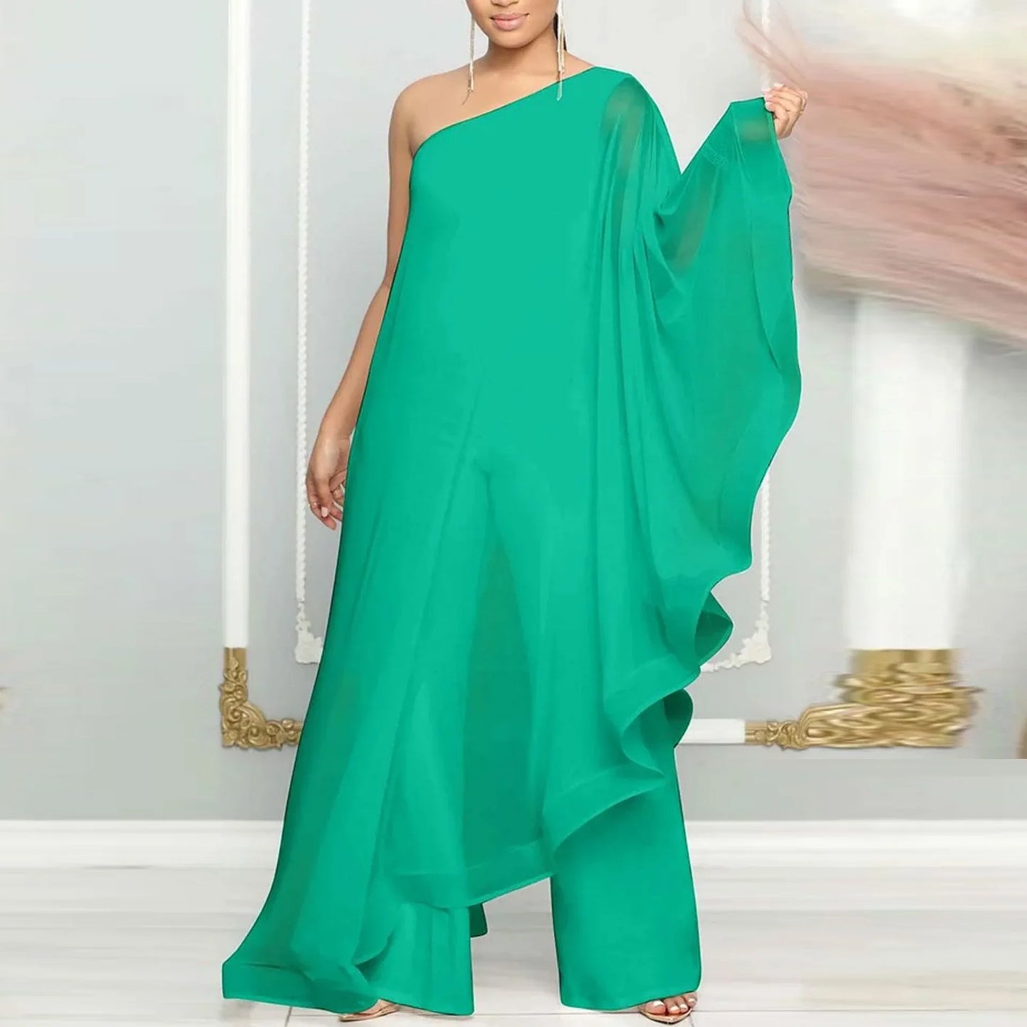 White Wide Leg Party Jumpsuit Sexy Women One Shoulder Elegant Solid Ruffles Casual Overalls Rompers