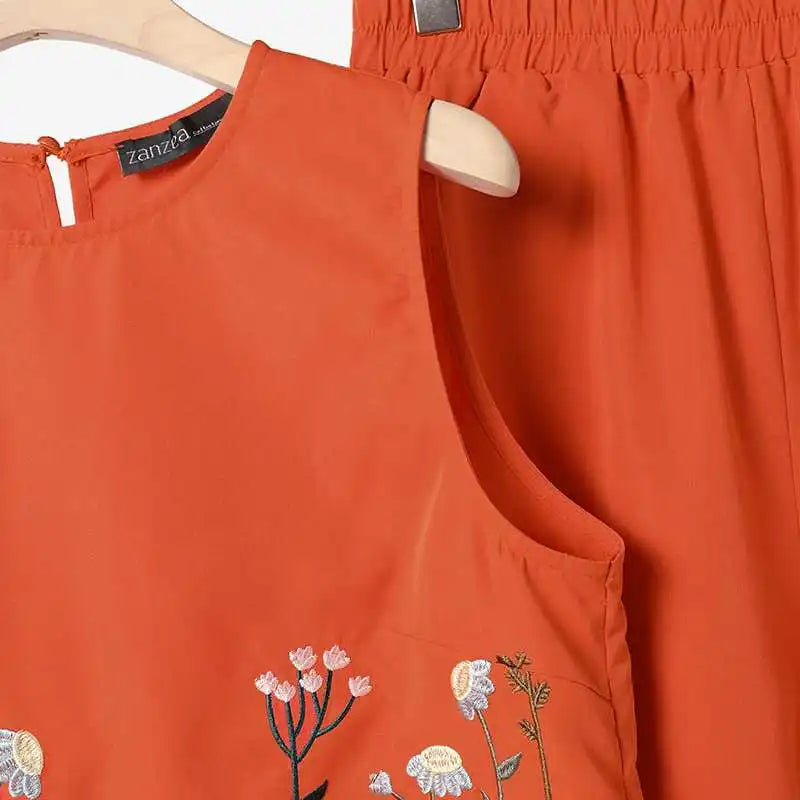 Vintage Women Sleeveless Tops Wide Leg Pant Sets Summer Matching Sets ZANZEA 2PCS Embroidery Floral Trousers Suits Tracksuit