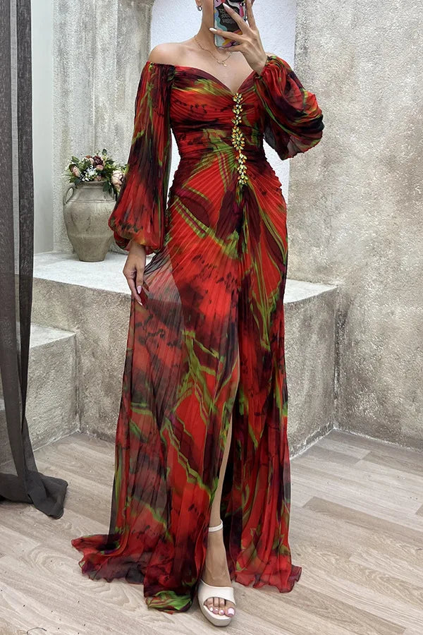 Women Floral Lantern Long Sleeve Dress Elegant Rhinestone Off Shoulder Maxi Dresses Sexy Deep V-neck Waist Split Parties Dress