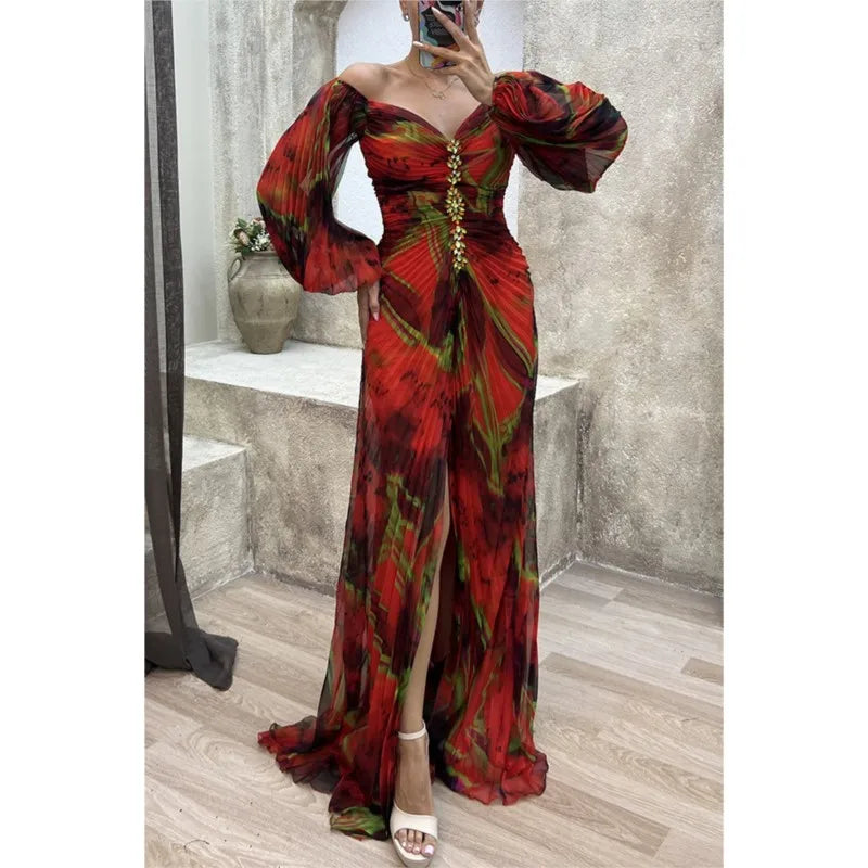 Women Floral Lantern Long Sleeve Dress Elegant Rhinestone Off Shoulder Maxi Dresses Sexy Deep V-neck Waist Split Parties Dress