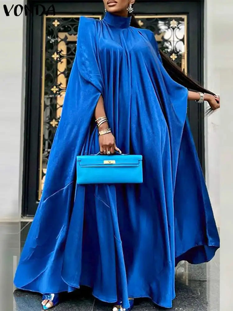 Women Evening Maxi Dress VONDA 2023 Summer Stand Collar Elegant Satin Long Bat Sleeve Pleated Sundress Casual Solid Robe Femme