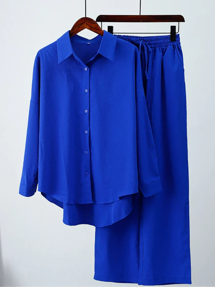 Summer Outfits for Women 2023 Fashion Loose Elastic Wrinkle Long Sleeve Shirt Wide Leg Pants Casual Set for Women 2 Piece Set