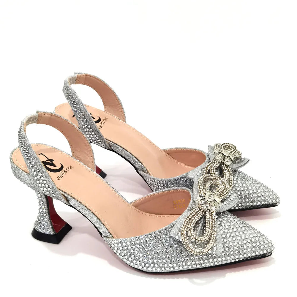 The Latest Style Rhinestone Bow Side Empty Party High Heels Pointed Toe Stiletto Heels Silver Women's Shoes And Bags