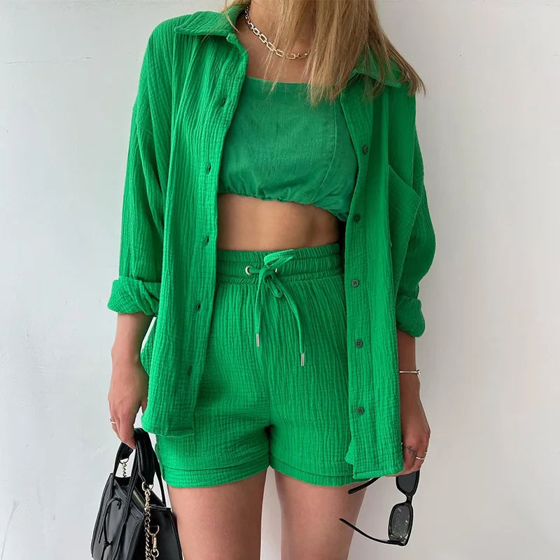 Women's Short Sets 2 Pcs Sale Grass Green Loose Button Cardigan Blouse Coats & Drawstring Wide Leg Loose Short Pant Suits