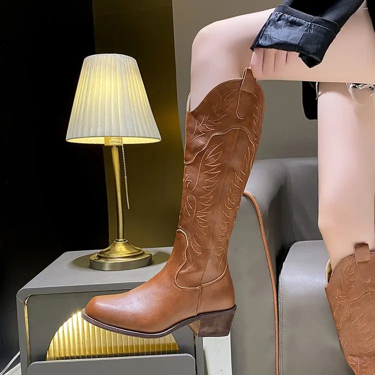 Vintage Black Western Cowboy Boots for Women Heels PU Leather Ankle Booties Woman 2024 Autumn Winter Chunky Heels Knight Boots
