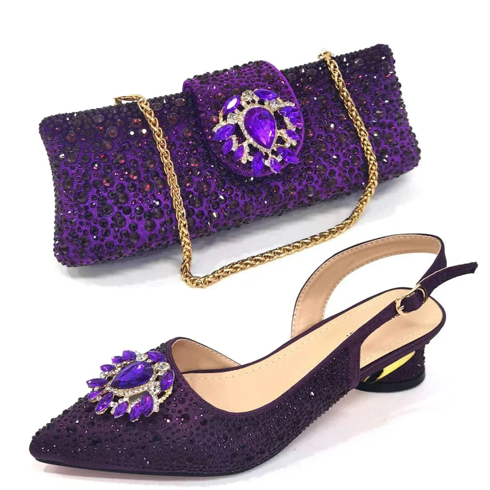 New Arrival Fashion Shoes Matching Bag Set Royal Blue Color Decorated with Crystal Ladies Wedding Party Women High Heel