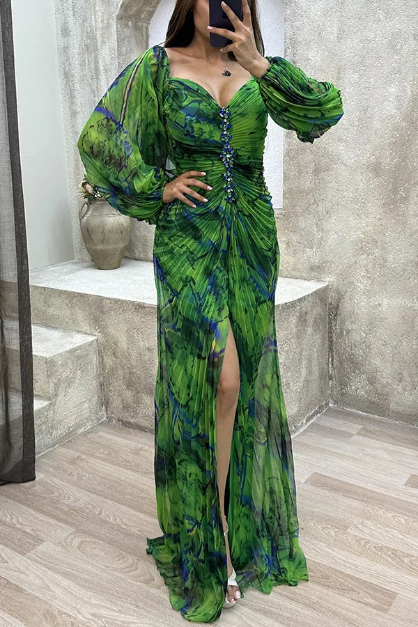 Women Floral Lantern Long Sleeve Dress Elegant Rhinestone Off Shoulder Maxi Dresses Sexy Deep V-neck Waist Split Parties Dress