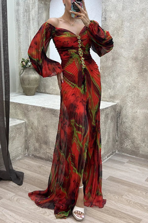 Women Floral Lantern Long Sleeve Dress Elegant Rhinestone Off Shoulder Maxi Dresses Sexy Deep V-neck Waist Split Parties Dress