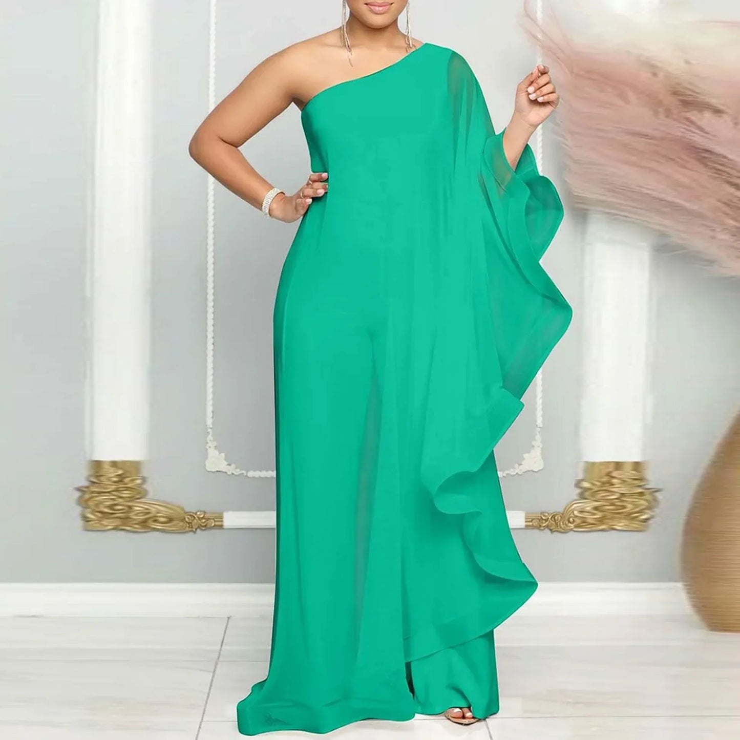 White Wide Leg Party Jumpsuit Sexy Women One Shoulder Elegant Solid Ruffles Casual Overalls Rompers