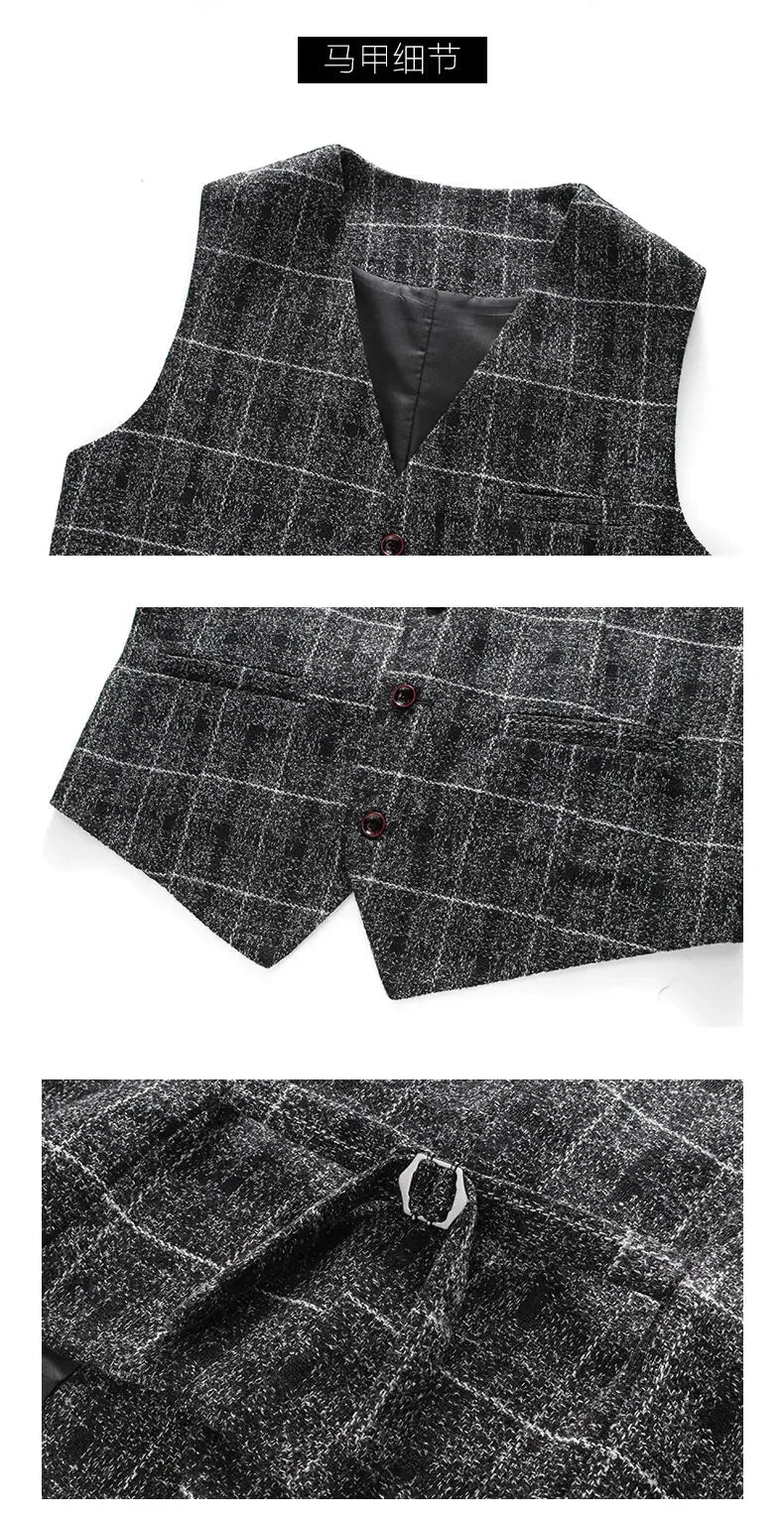 Traje De Hombre Elegante (Blazer+ Vest + Pants) Men's Fashion Business Gentleman Wedding Casual Plaid Cotton Linen British Suit