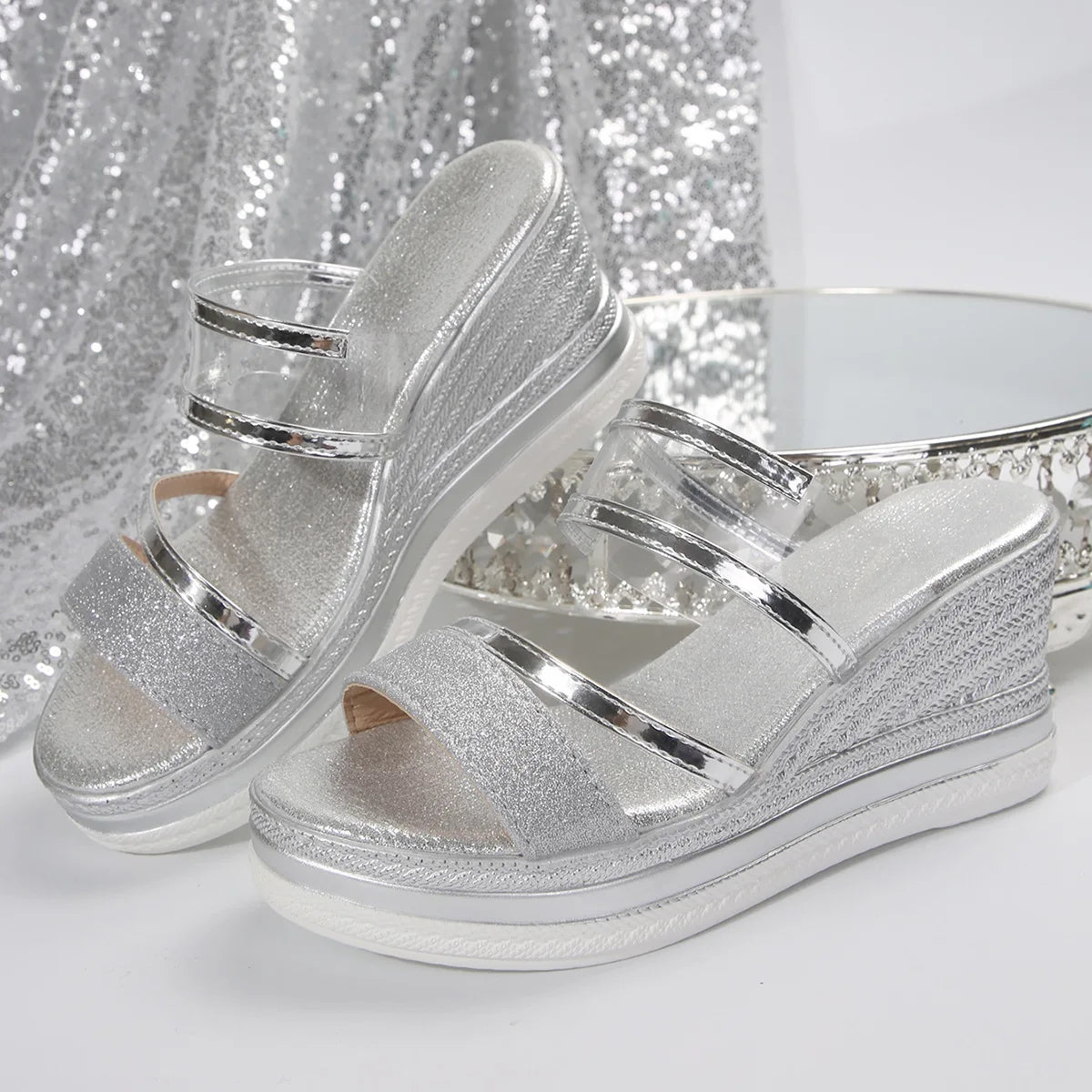 Women's Wedges Sandals Luxury Platform Slippers Sexy Open Toe Women Shoes Shiny High Heels Women Beach Shoes sandalias de mujer