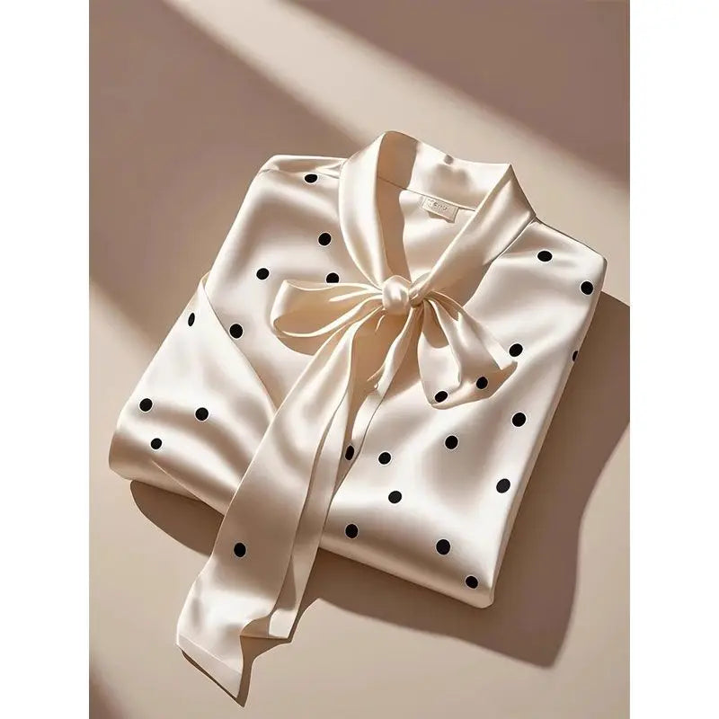 Women High Quality Satin Polka Dot Print Shirt Office Lady Business Casual Elegant Chic Blouse Lace-up Bow Long Sleeve Loose Top