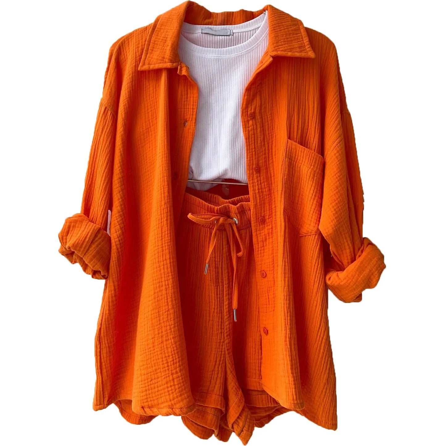 Women's Short Sets 2 Pcs Sale Grass Green Loose Button Cardigan Blouse Coats & Drawstring Wide Leg Loose Short Pant Suits