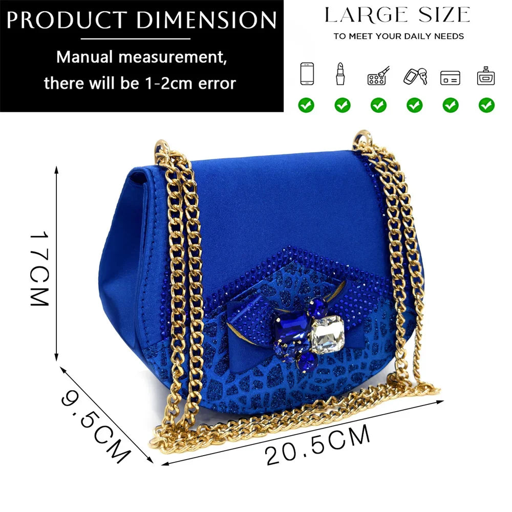 Nigerian Women Heel Party Shoes and Bag Set Royal Blue Colour Rhinestone Handbag Italian Design Wedding INS 2024