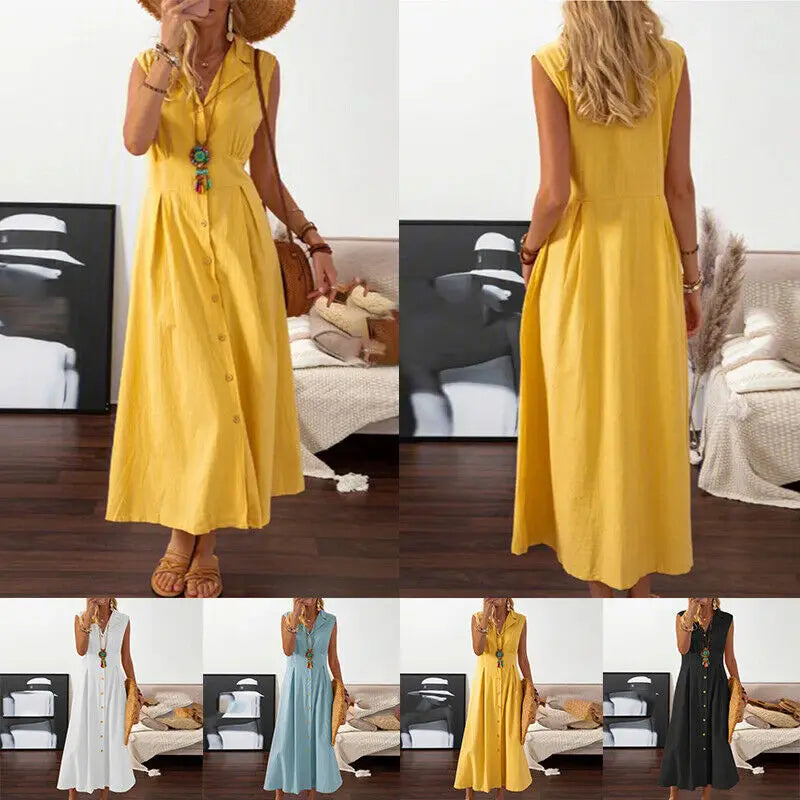 Women Cotton Linen Long Dress Summer Sleeveless Buttons Turn-down Collar Shirt Dress Loose Neck Temperament Office Dresses 2024