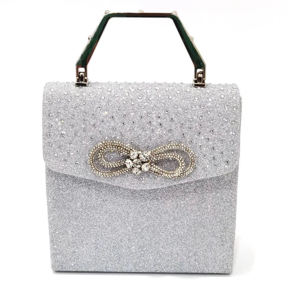 The Latest Style Rhinestone Bow Side Empty Party High Heels Pointed Toe Stiletto Heels Silver Women's Shoes And Bags