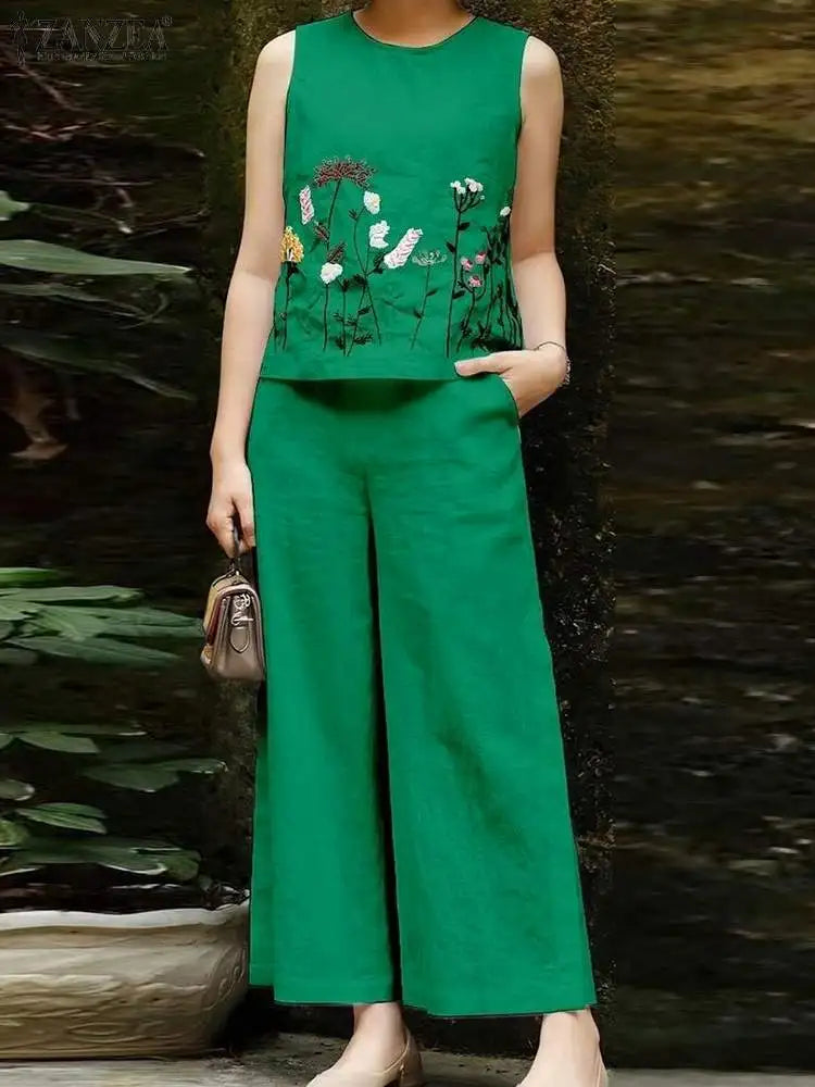 Vintage Women Sleeveless Tops Wide Leg Pant Sets Summer Matching Sets ZANZEA 2PCS Embroidery Floral Trousers Suits Tracksuit