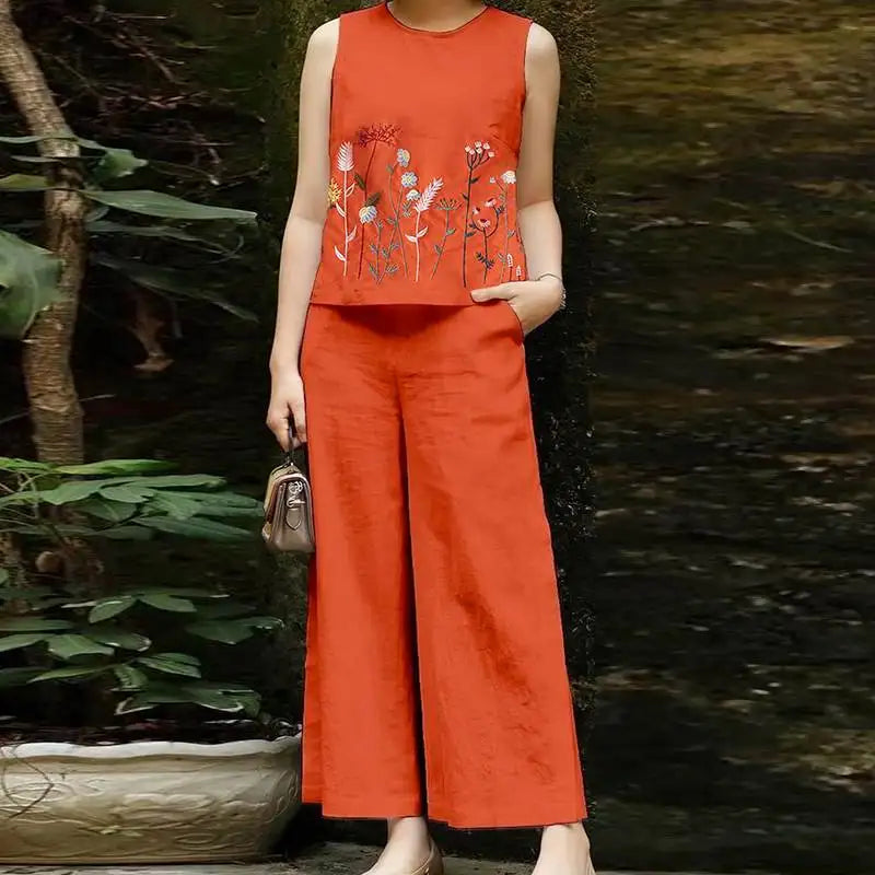 Vintage Women Sleeveless Tops Wide Leg Pant Sets Summer Matching Sets ZANZEA 2PCS Embroidery Floral Trousers Suits Tracksuit