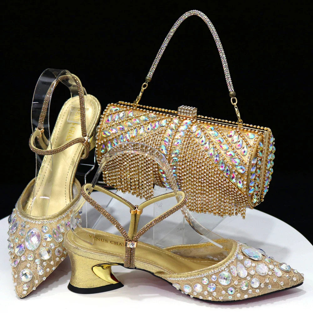 Venus Chan Pointed Toe Heels for Women Party Green Color Full Diamond Lace Matching Design Italian Shoe and Bag Set Designer