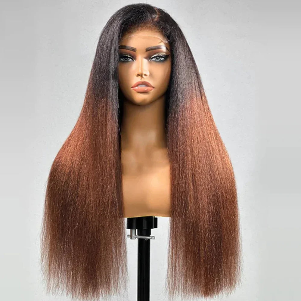 Yaki 26 inch 180Density Soft Long Ombre Blonde Kinky Straight Lace Front Wig For Women With BabyHair Preplucked Natural Hairline