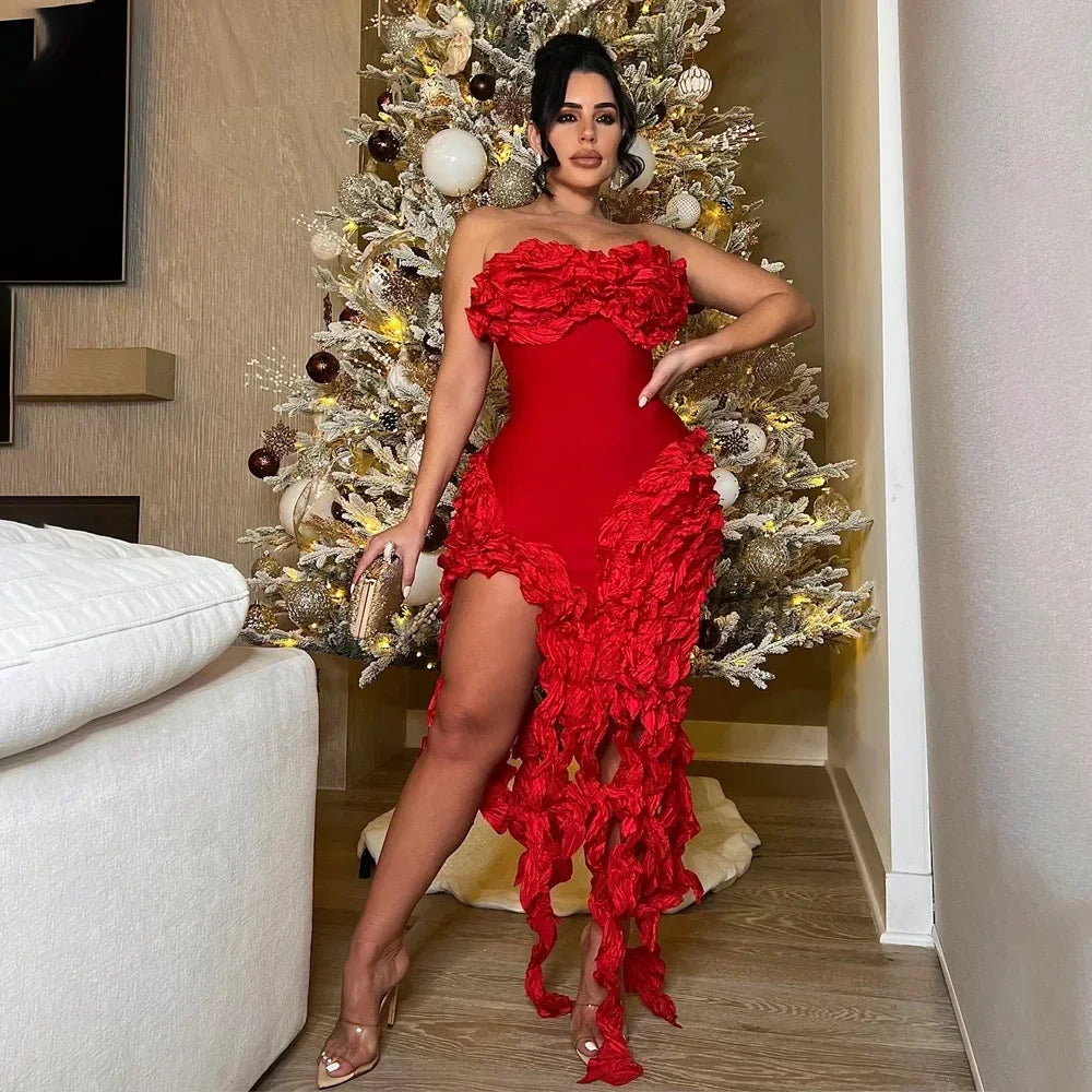 Women Strapless Ruffles Tassel Splicing Irregular Birthday Bodycon Midi Maxi Dress 2025 Even Sexy Party Dresses Vestidos