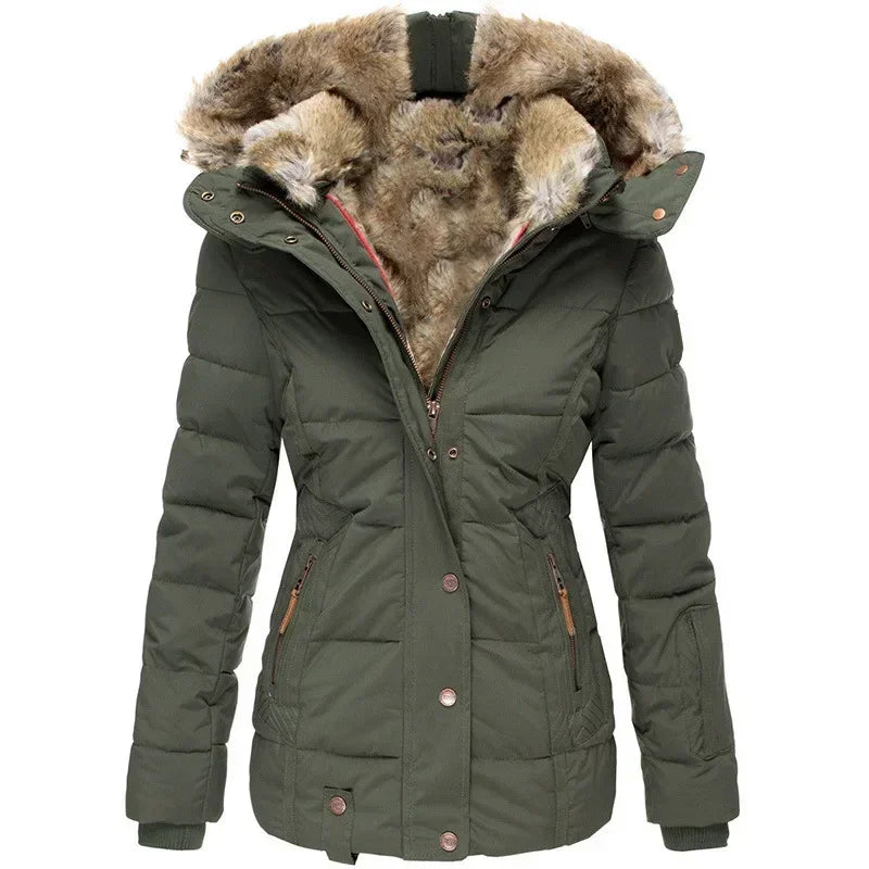 Winter Warm Wool Collar Cotton Coat Womens Zipper Long Sleeve Slim Fit Hooded Cotton Coat