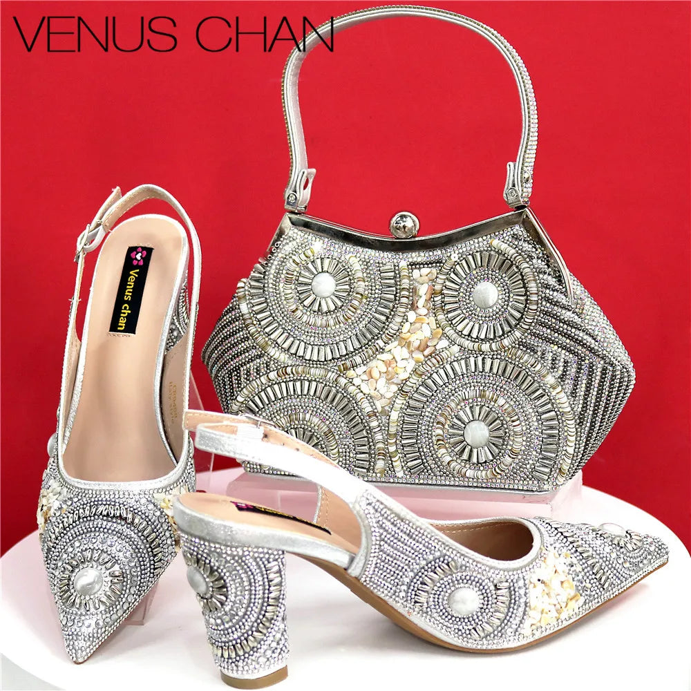 Spot Goods Elegant Streamlined Pointed Toe Women's Shoes Matching Flower Basket Handbag Party Women's Shoes And Bag Set
