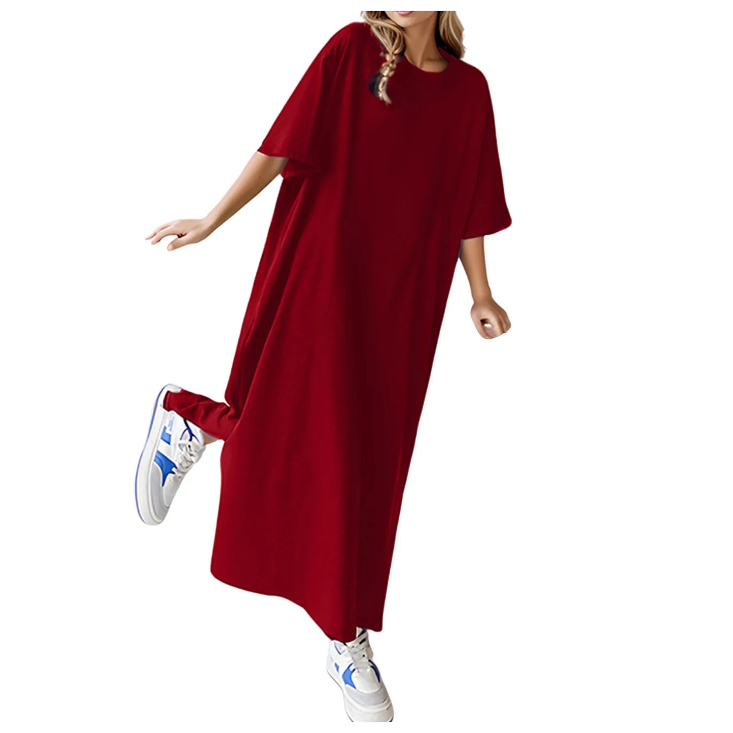 Summer Solid Color T Shirt Dress Casual Short Sleeved Loose Dresses Round Neck Slit Maxi Dress For Women Elegant Vestidos 2024