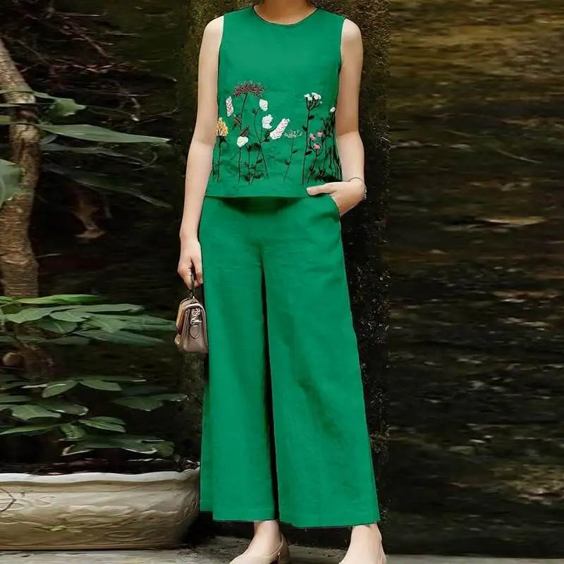 Vintage Women Sleeveless Tops Wide Leg Pant Sets Summer Matching Sets ZANZEA 2PCS Embroidery Floral Trousers Suits Tracksuit