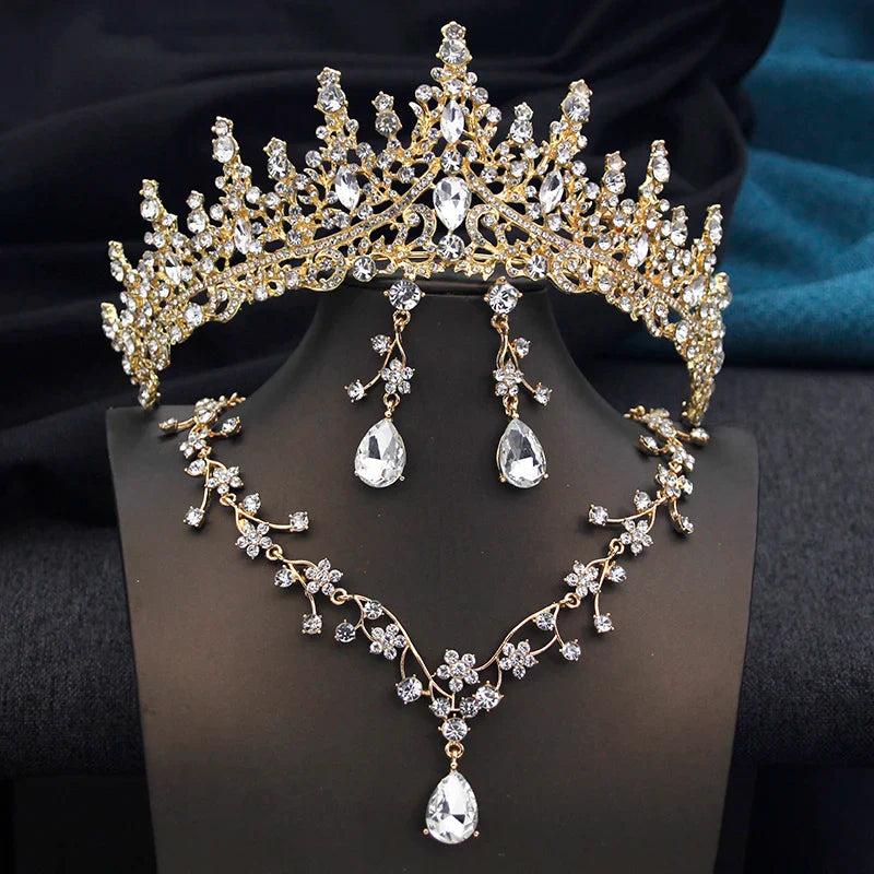 Opal Green Tiaras and earrings necklace Set for Women Bridal Jewelry Sets Wedding Dress Crown Bride Prom Costume Accessories