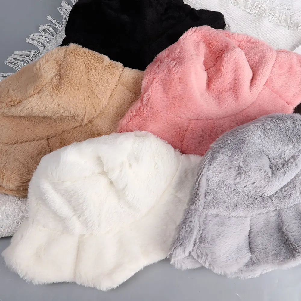 Women Girls Faux Fur Bucket Hat Plush Warm Fisherman Hat Outdoor Windproof Panama Bowl Hats Autumn Street Cold -proof Cap Hats