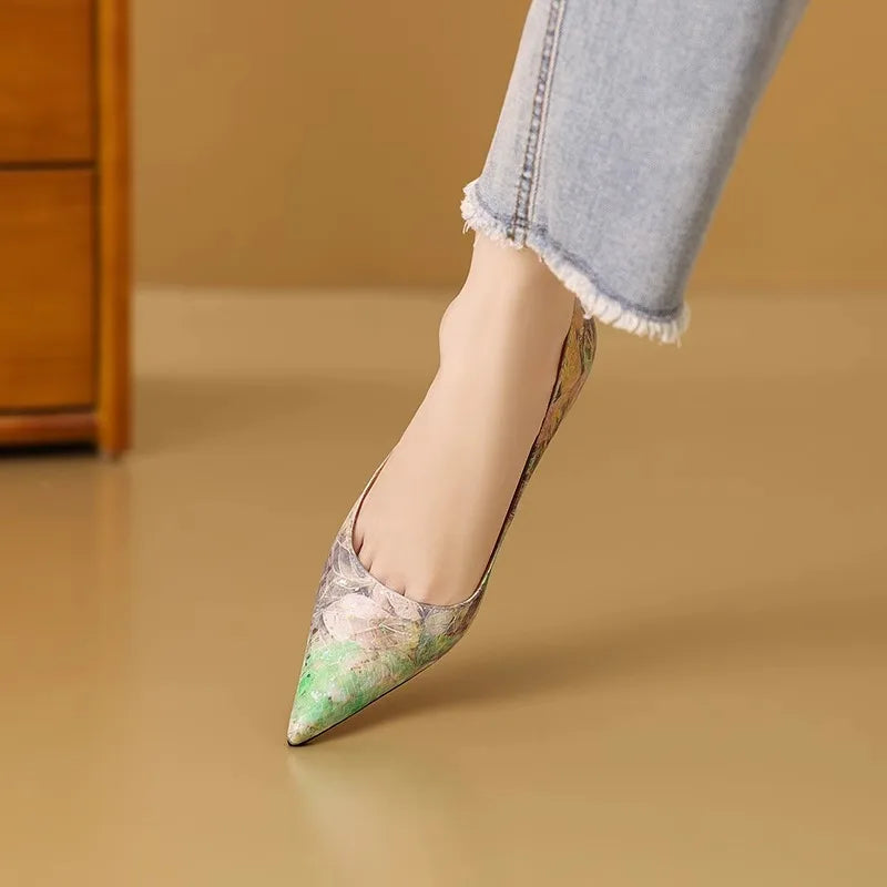 Spring Pumps Women Shoes Flower Totem Slip-On Shallow Shoes Wedding Party Pointed Toe High Heels Pump Femme Special-shaped Heel