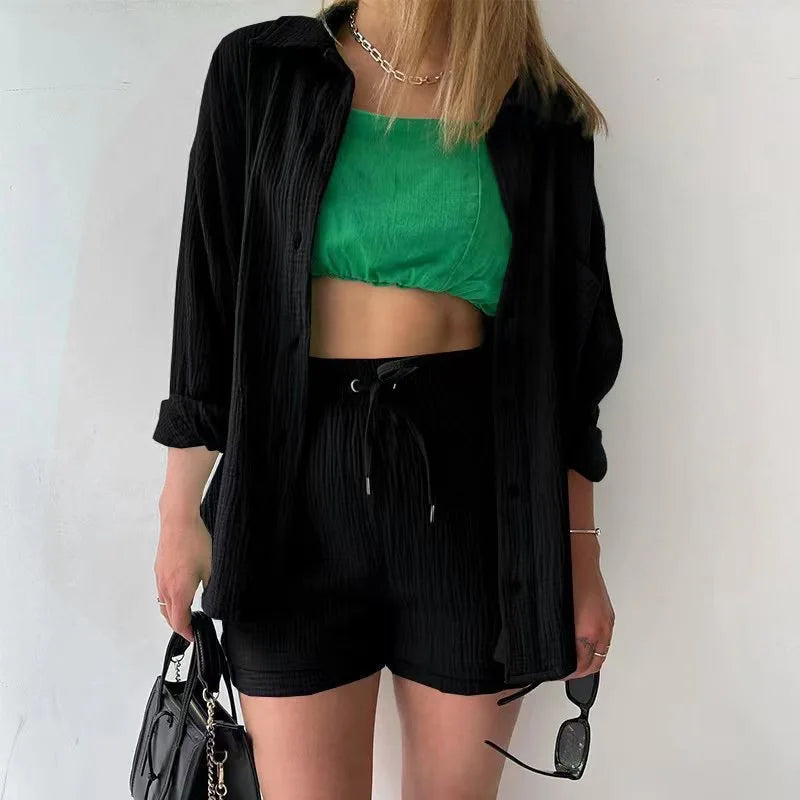 Women's Short Sets 2 Pcs Sale Grass Green Loose Button Cardigan Blouse Coats & Drawstring Wide Leg Loose Short Pant Suits