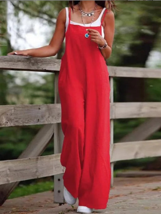 Women's Sleeveless Plus Size Jumpsuit Cotton And Linen Solid Loose Wide Leg Slash Pocket Casual Ankle-Length Pants 2024