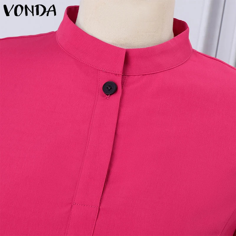 Plus Size VONDA Women Ruffled Maxi Long Dress 2024 Casual Solid Color A-Line Shirt Dress Stand Collar Long Sleeve Party Vestido