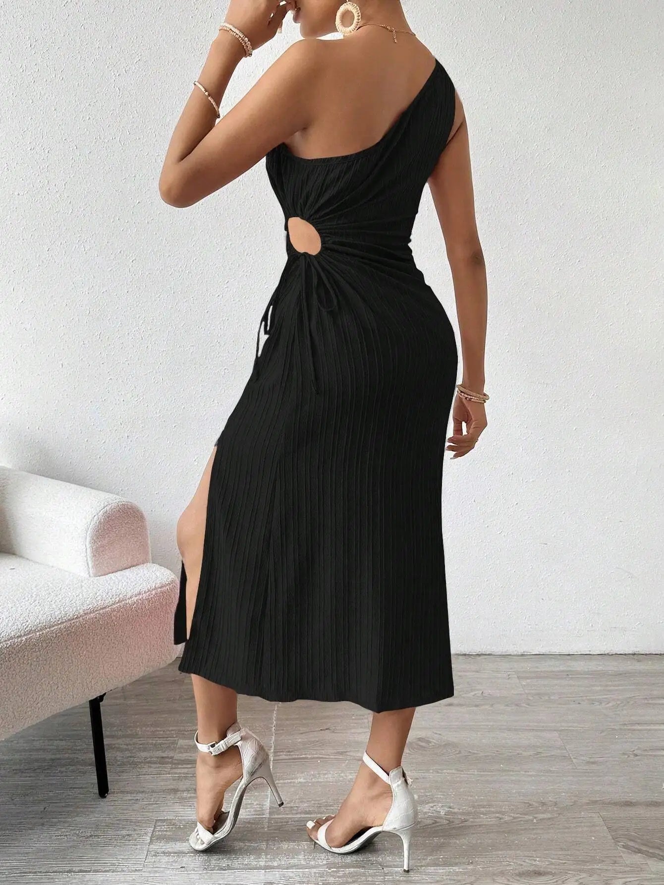 Spring and Summer Elegant Sexy Sleeveless Single Shoulder Diagonal Neck Solid Color Slit Dress Women Summer Dress 2025