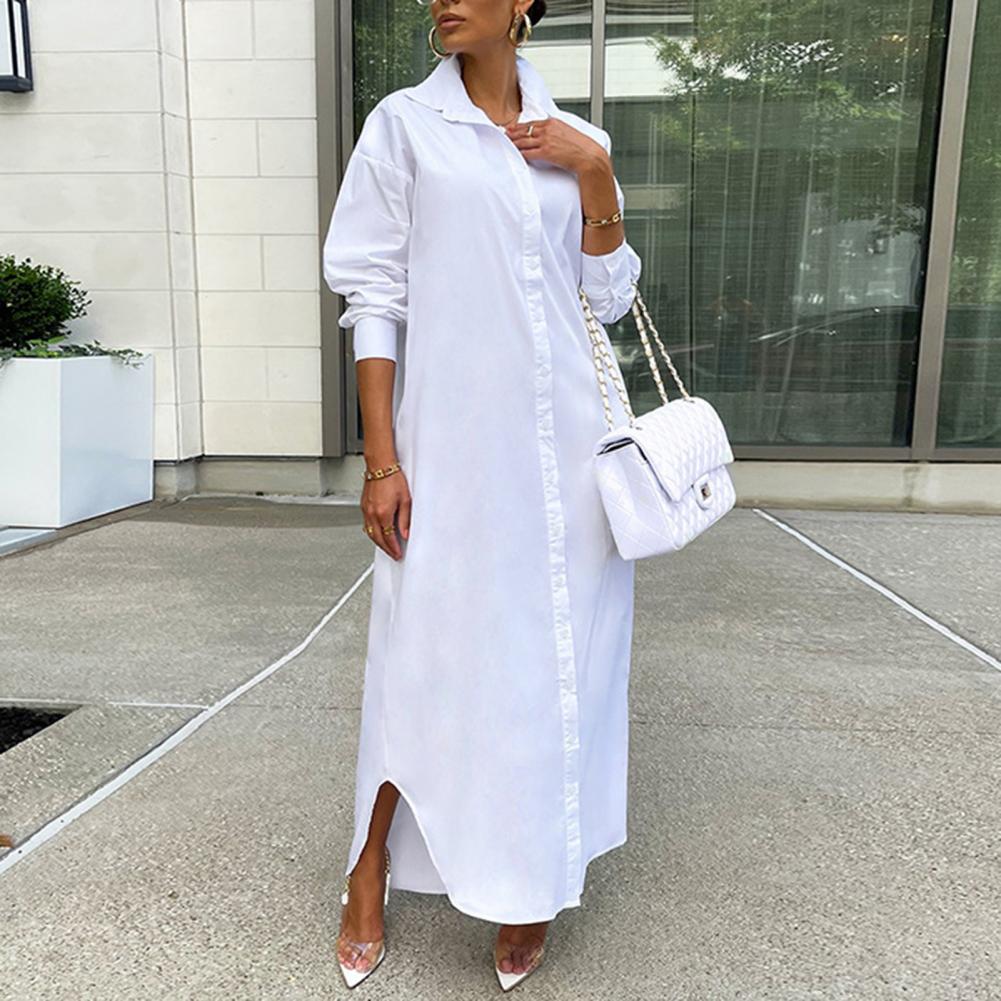 Women Shirt Windproof Shirt Dress Versatile Hem Stylish Autumn Winter Solid Color Shirt Long Dress