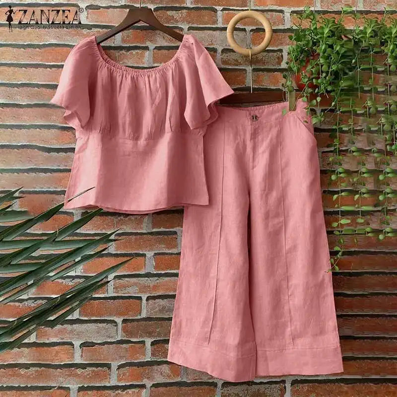 Summer Women Matching Sets ZANZEA 2PCS Elegant Short Sleeve Blouse Wide Leg Pants Fasahion OL Work Pant Sets Holiday Tracksuits